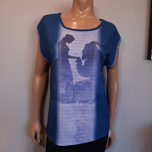 Disney Beauty And The Beast Studded Graphic Top Womens Size Medium Blue Tshirt - Picture 3 of 11